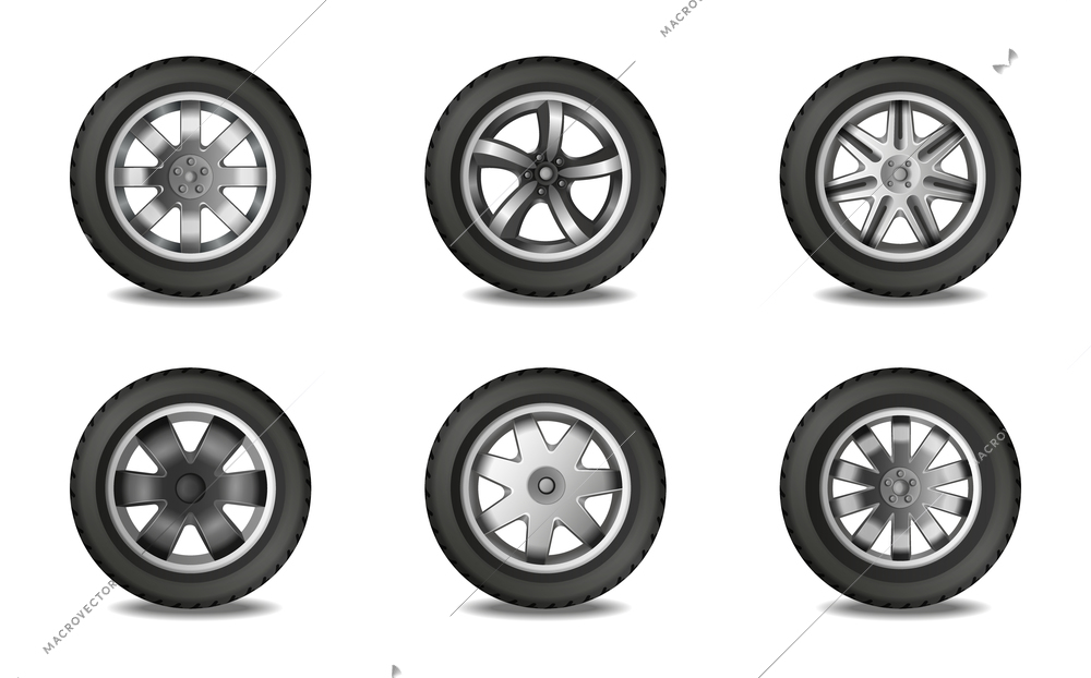 Six car wheels with different disk forms realistic monochrome set isolated on white background vector illustration