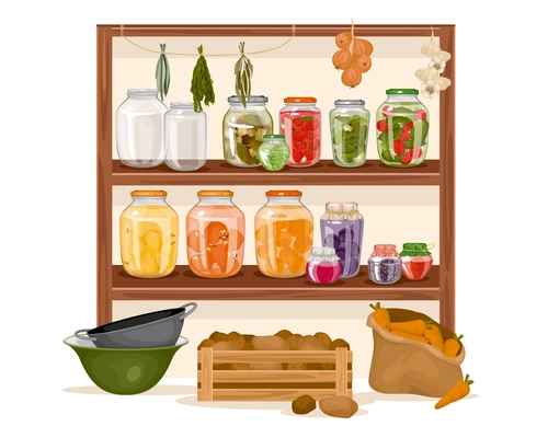 Cellar flat vector illustration with box of potatoes bag of carrots and pantry shelf of homemade pickles