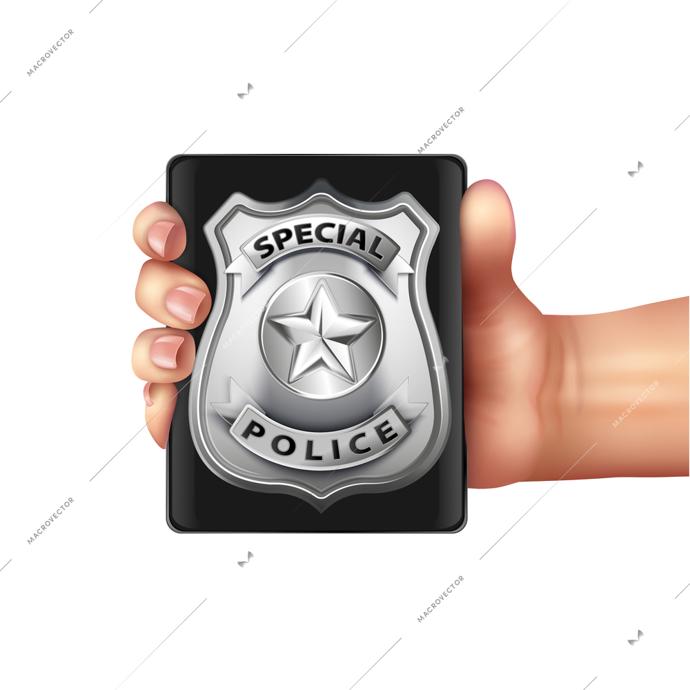 Police badge in hand realistic composition with isolated image of human hand holding silver officer shield vector illustration