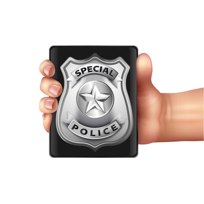 Police badge in hand realistic composition with isolated image of human hand holding silver officer shield vector illustration