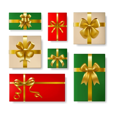 Colorful gift boxes with gold ribbon and bow realistic set isolated vector illustration