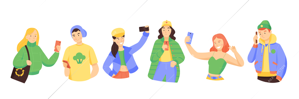 People with smartphones set of teens making selfie  calling by phone send messages isolated vector illustration