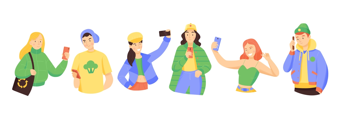 People with smartphones set of teens making selfie  calling by phone send messages isolated vector illustration