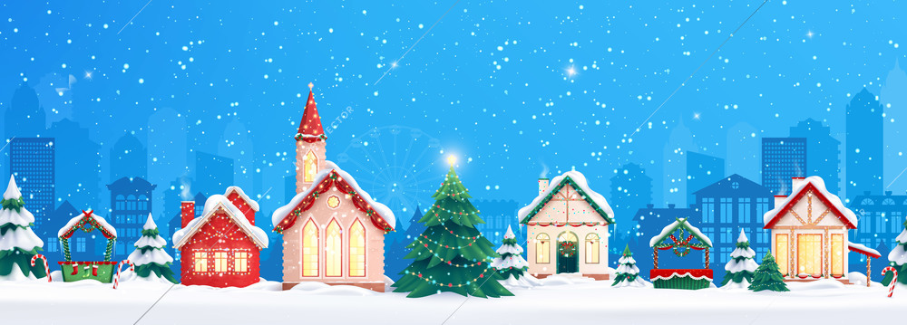 Christmas houses composition with view of street with cityscape and row of houses with falling snow vector illustration