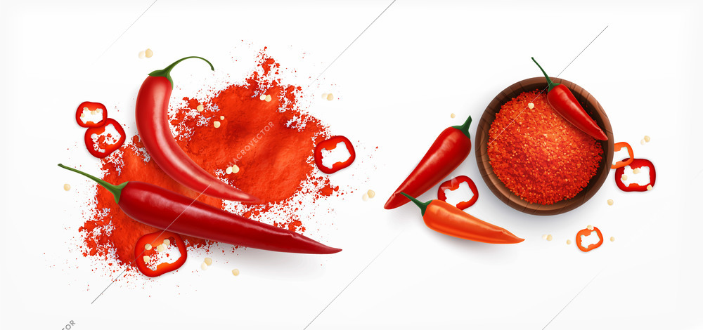 Hot red paprica pepper realistic set with isolated views of dishes with powdered spices and slices vector illustration