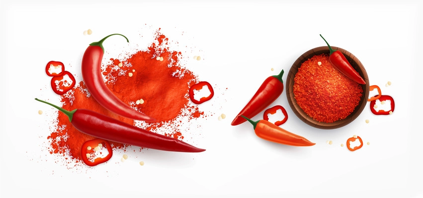 Hot red paprica pepper realistic set with isolated views of dishes with powdered spices and slices vector illustration