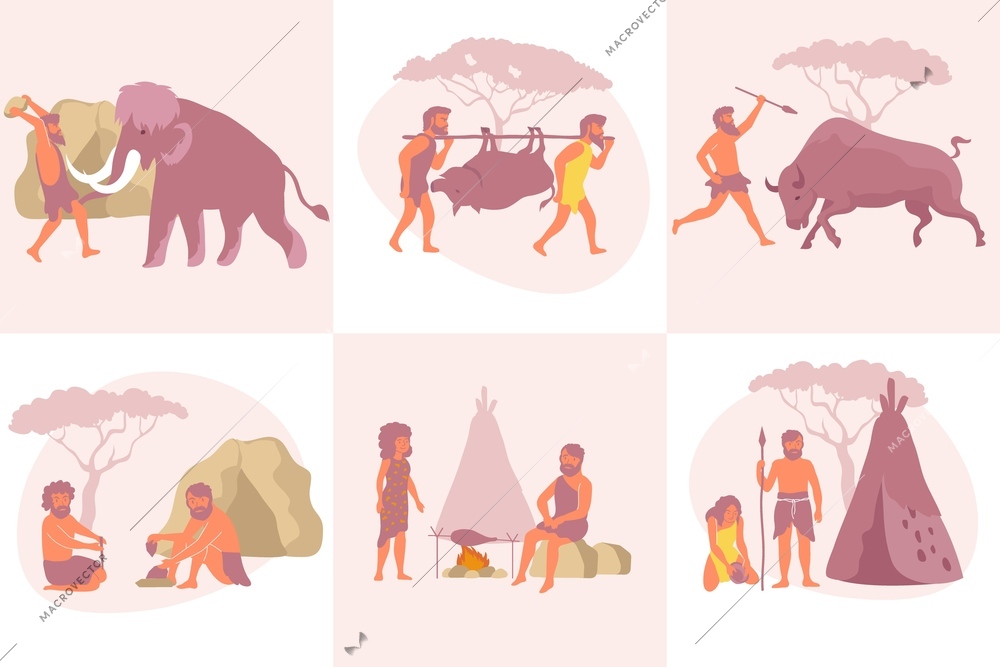 Primitive composition set with flat square compositions of ancient human characters with tent and mammoth hunt vector illustration