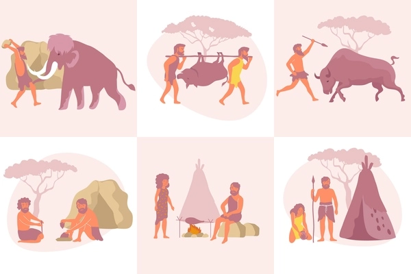 Primitive composition set with flat square compositions of ancient human characters with tent and mammoth hunt vector illustration