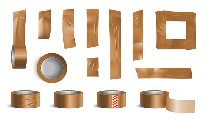Tape roll bronze pieces realistic set with stationery symbols isolated vector illustration