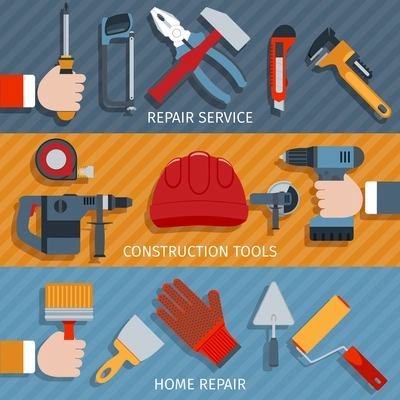 Repair tools service construction home flat banner set isolated vector illustration