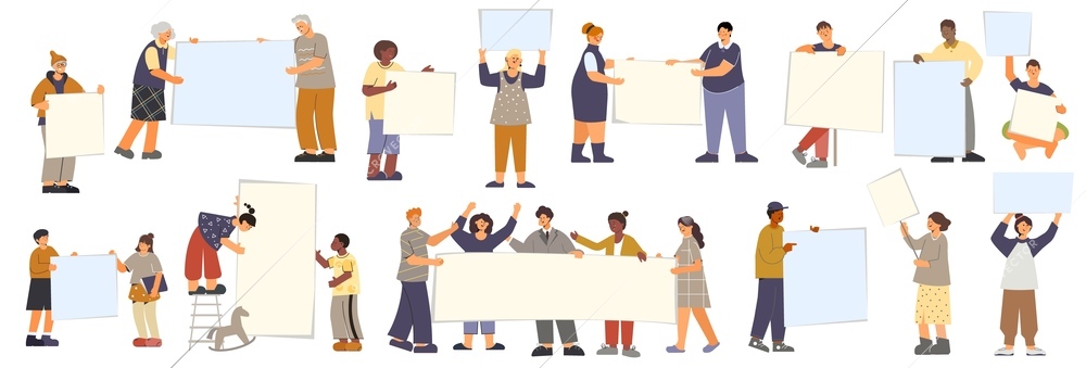 People banner flat set with isolated human characters of single persons and groups holding empty placards vector illustration