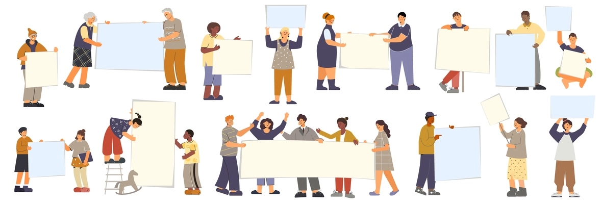 People banner flat set with isolated human characters of single persons and groups holding empty placards vector illustration