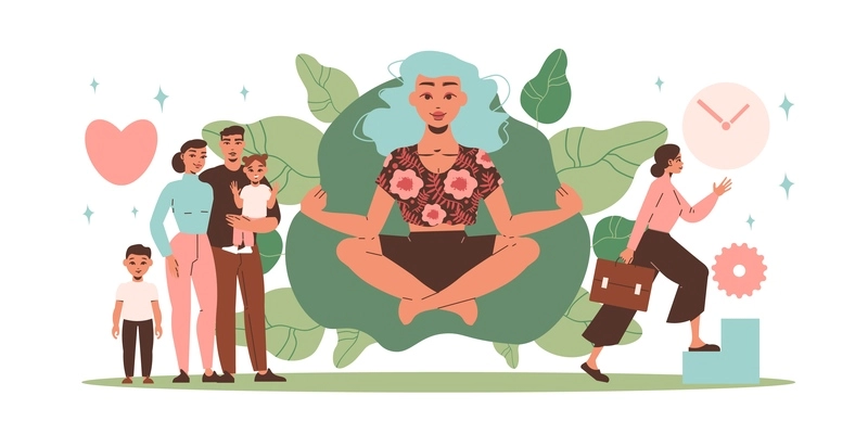 Life balance flat composition with funny family business woman rushing to work and girl in lotus position vector illustration