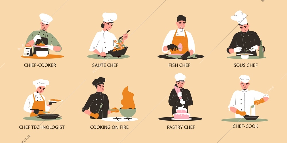 Professional cooking compositions flat set with saute chef sous fish pastry chef  chef technologist characters isolated vector illustration