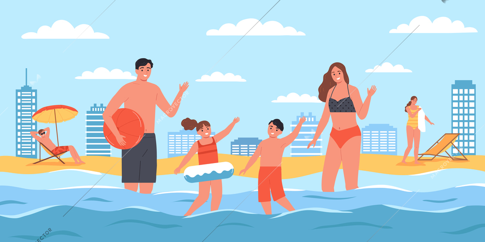 Family sea composition with outdoor coastline scenery with cityscape beach and human characters standing in water vector illustration