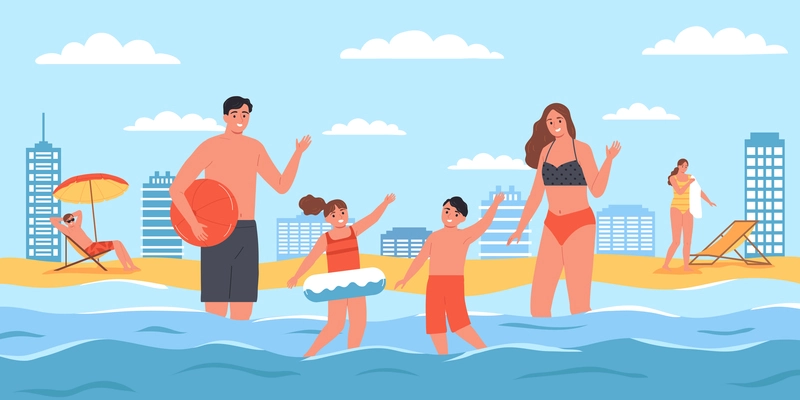 Family sea composition with outdoor coastline scenery with cityscape beach and human characters standing in water vector illustration