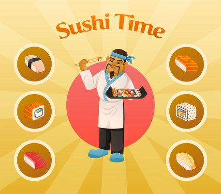 Sushi time cartoon composition with japanese chef character in center and round icons with different fresh dishes vector illustration