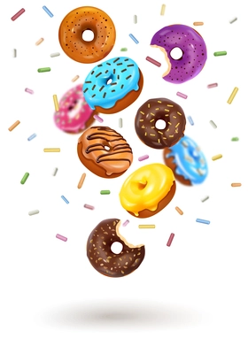 Multicolored flying donuts with sprinkles on white background realistic design concept vector illustration