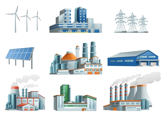 Industrial buildings flat set of thermal power plant wind turbines high voltage power line storage warehouse isolated vector illustration