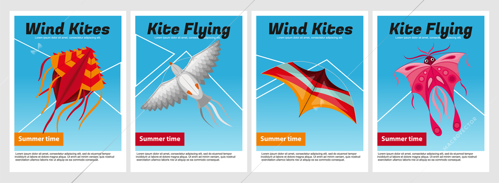 Wind kites poster set with four isolated vertical compositions of editable text and images of kites vector illustration