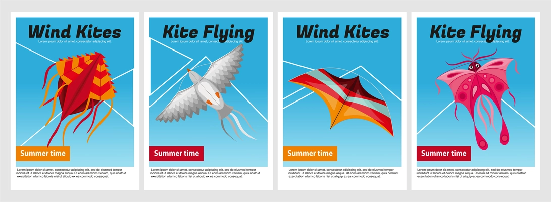 Wind kites poster set with four isolated vertical compositions of editable text and images of kites vector illustration