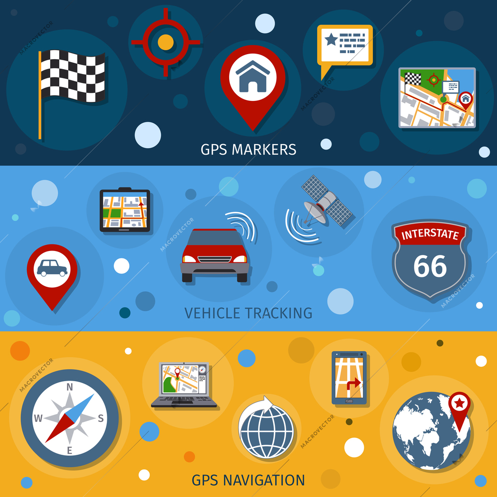 Navigation banners set with gps markers vehicle tracking navigation isolated vector illustration