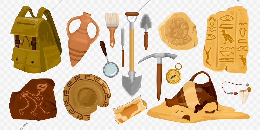 Set with archeology ancient artifacts on transparent background with isolated images of historical remains and tools vector illustration