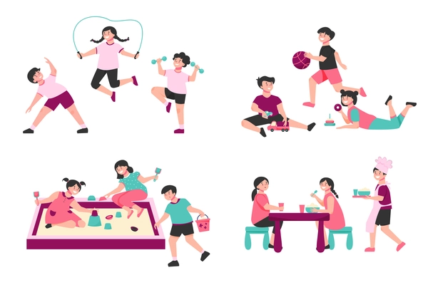 Set with four isolated kindergarten compositions with characters of kids playing in sandpit performing workout exercises vector illustration