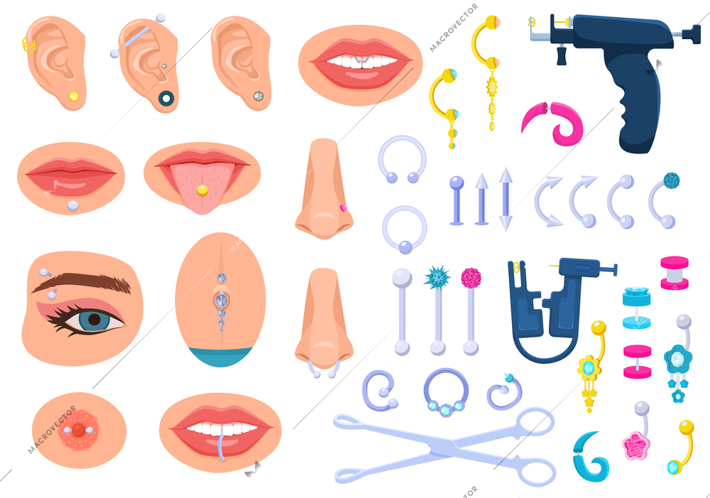 Piercing flat set of isolated icons with images of tools and jewelry decorations with body parts vector illustration