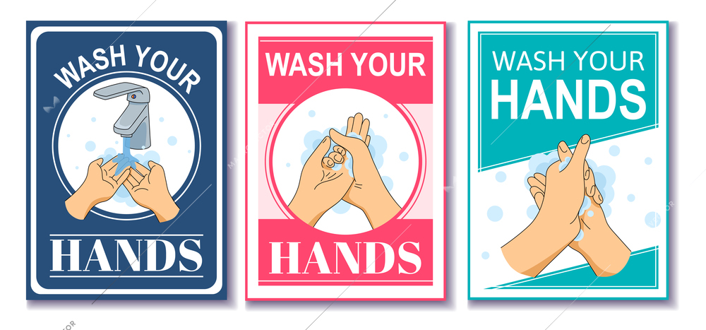 Set of three vertical washing hands cards with text and flat images of hands being washed vector illustration