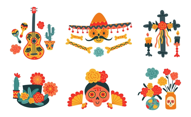 Mexican holiday day of dead flat compositions set with traditional colorful skull masks flowers cross musical instruments isolated vector illustration