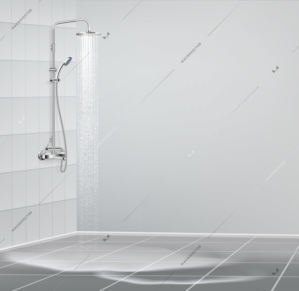 Shower system composition with indoor view of bathroom with tile on walls wet floor and rinse vector illutration