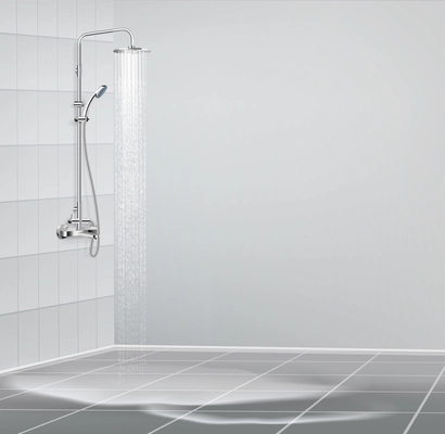 Shower system composition with indoor view of bathroom with tile on walls wet floor and rinse vector illutration