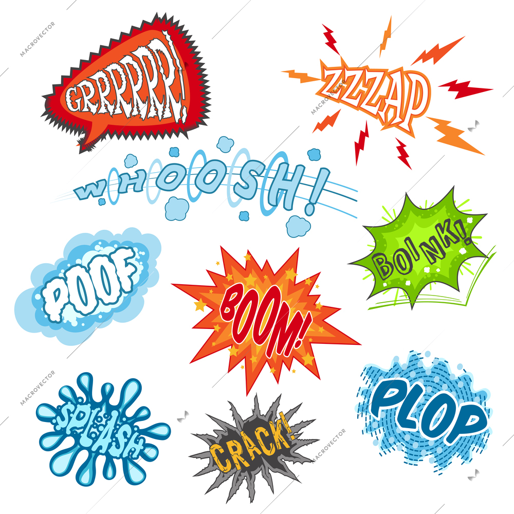 Comic sounds humour communication cartoon speech bubbles set isolated vector illustration