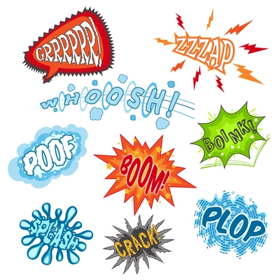 Comic sounds humour communication cartoon speech bubbles set isolated vector illustration