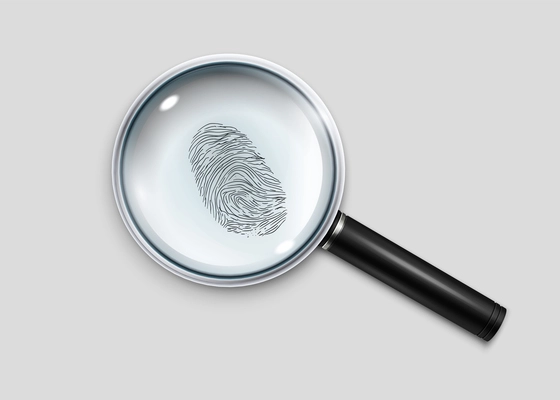 Magnifying glass and criminal fingerprint realistic composition with isolated view of finger mark with hand lens vector illustration