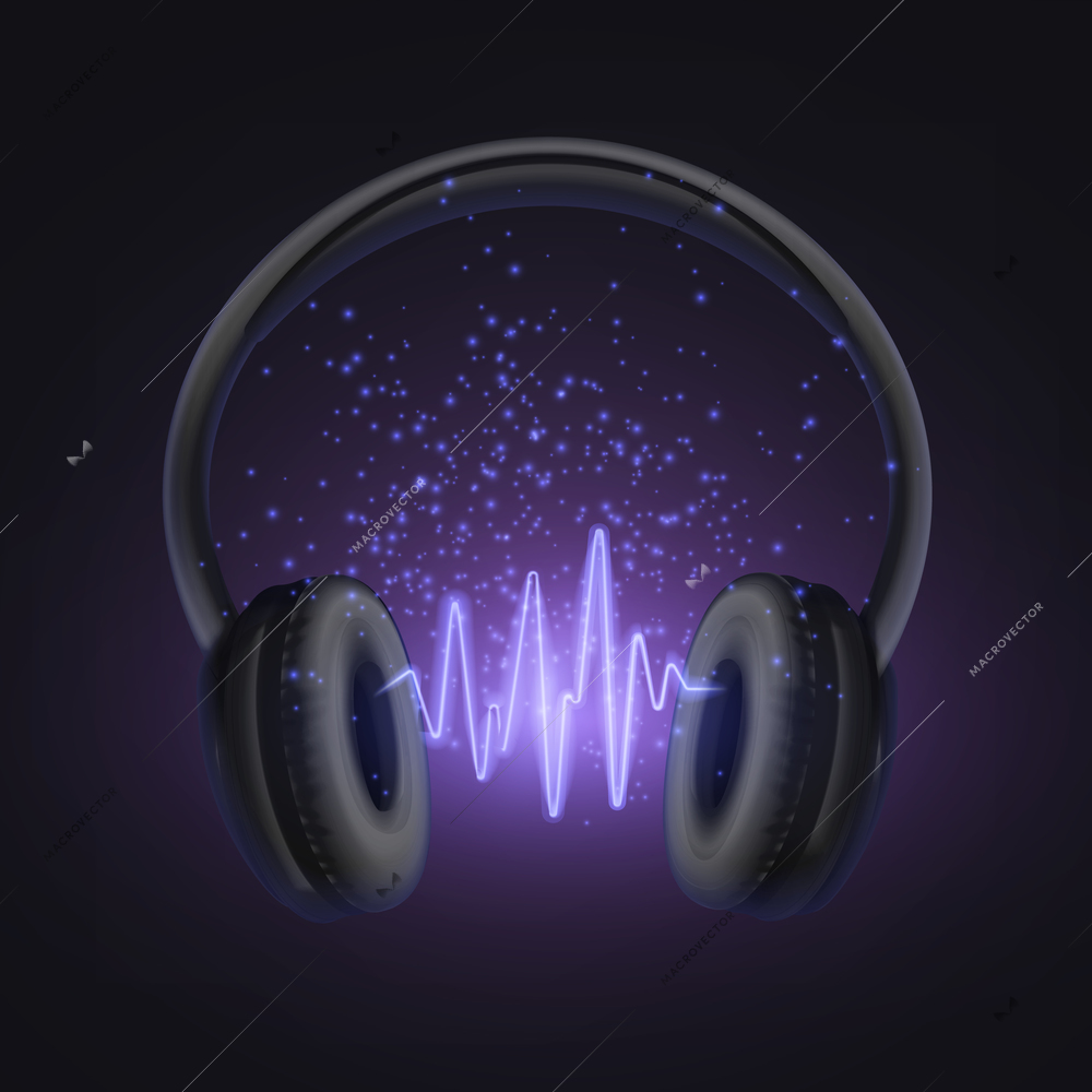 Headphones wireless realistic composition with neon sonic waves between ear cushions of phones with glowing particles vector illustration