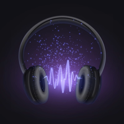 Headphones wireless realistic composition with neon sonic waves between ear cushions of phones with glowing particles vector illustration