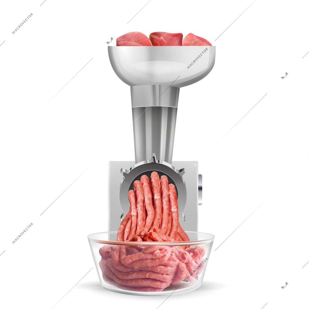 Cooking forcemeat in electric meat grinder realistic design concept isolated on white background vector illustration