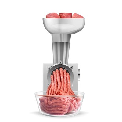Cooking forcemeat in electric meat grinder realistic design concept isolated on white background vector illustration