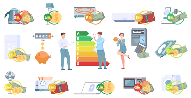 Power consumption level set with electricity symbols flat isolated vector illustration