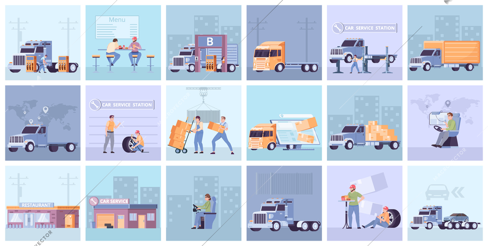 Truck cargo delivery square set with service and route symbols flat isolated vector illustration