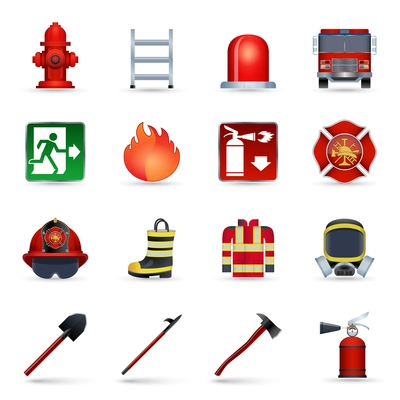 Firefighter realistic icons set with axe helmet emblem mask isolated vector illustration