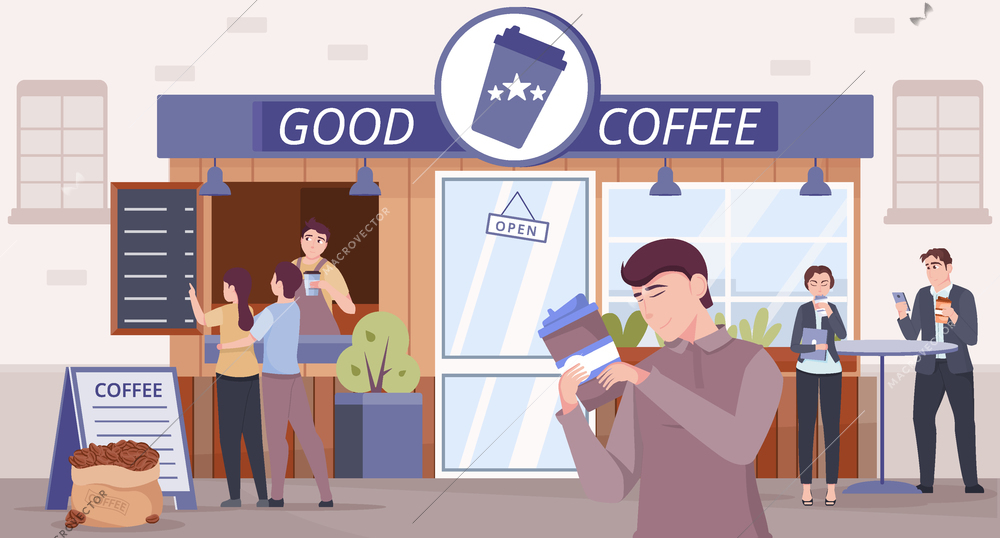 Coffee to go cafe background with takeaway symbols flat vector illustration