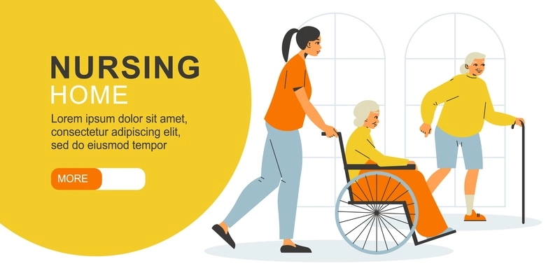 Nursing home horizontal banner with young girl from staff carrying a wheelchair with elderly woman flat vector illustration