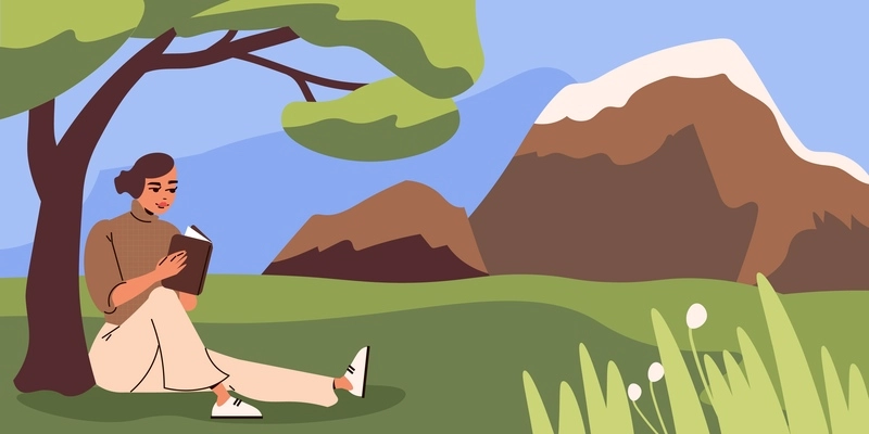 People relax flat composition with young woman sitting on grass under tree and reading book vector illustration