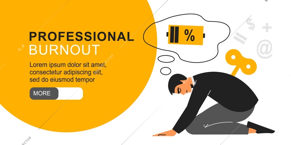 Professional burnout horizontal banner with exhausted young man experiencing syndrome of chronic fatigue flat vector illustration