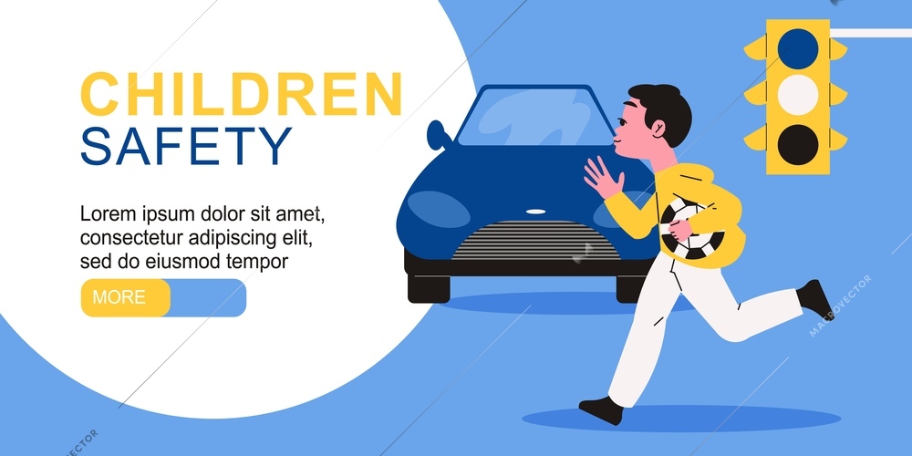 Children safety horizontal banner with little boy running across road in front of car flat vector illustration