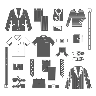 Business man clothes icons set with shirt tie jacket shoes isolated vector illustration