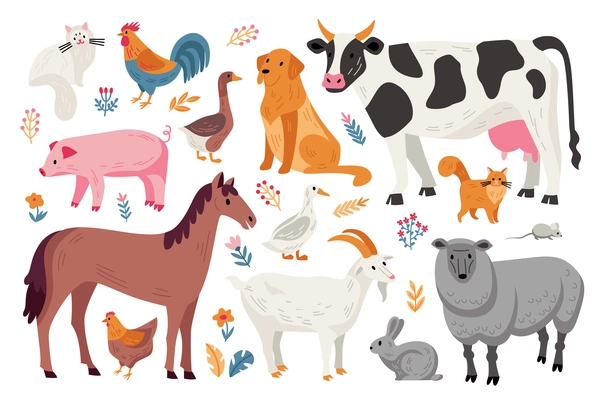 Farm domestic animals and pets flat set with horse hen cat dog sheep rabbit pig on white background with flowers and leaves isolated vector illustration